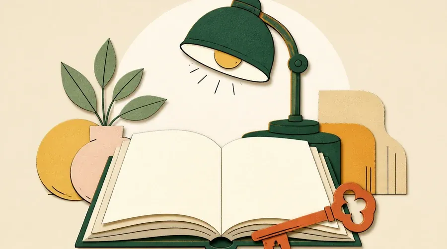 Un livre crème muet, une clé terre cuite et une lampe vert forêt.