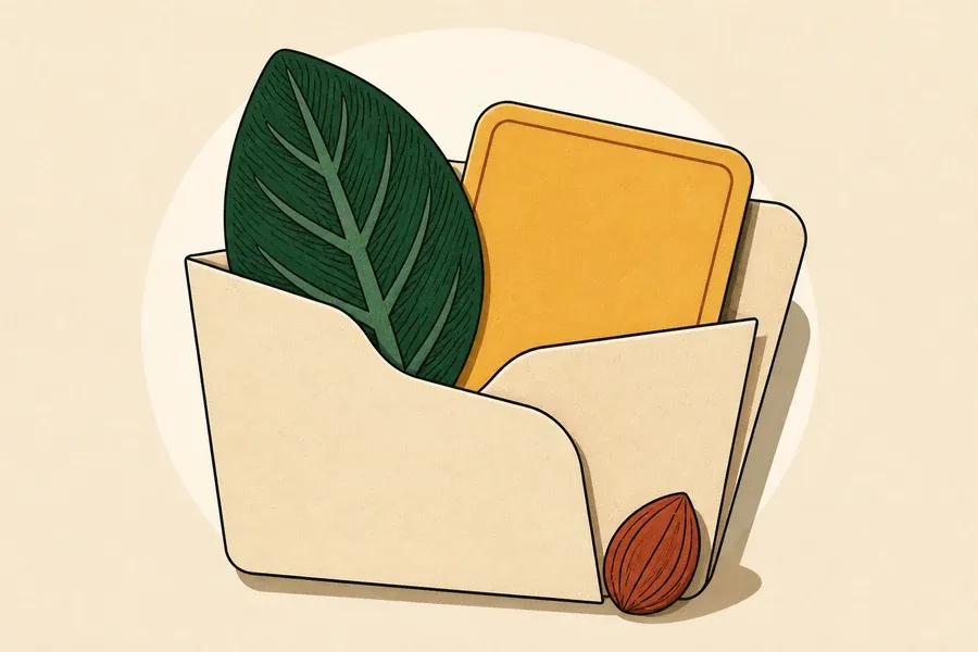 Un dossier crème contient une feuille vert forêt et une carte ocre.