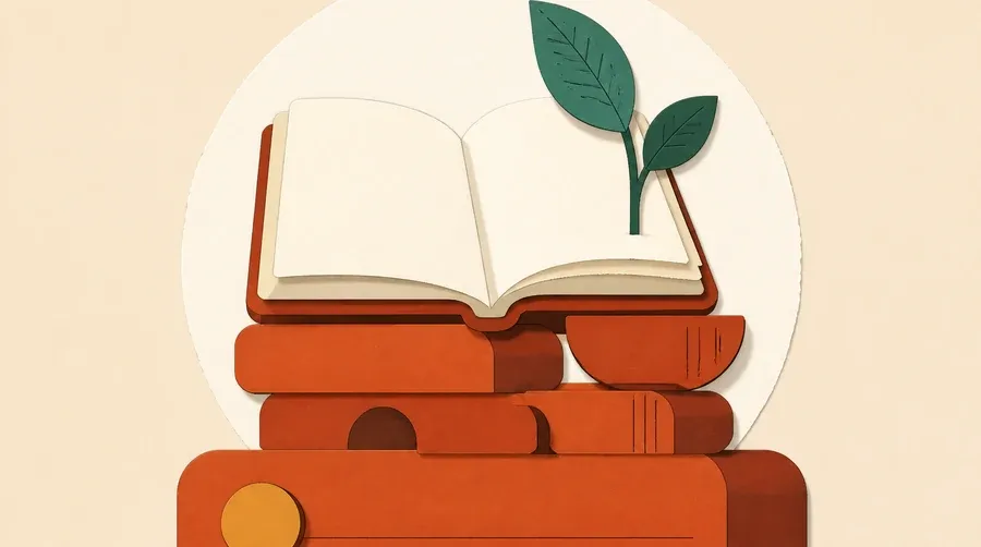 Des blocs terre cuite portent un livre crème et une pousse vert forêt.