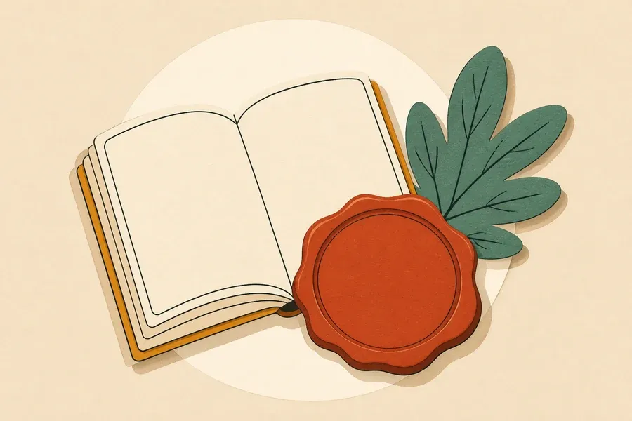 Sceau terre cuite, livre crème et feuille vert sauge sans inscription.
