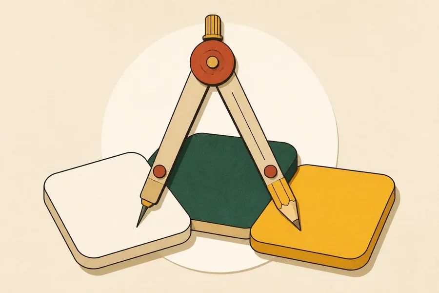 Compas sable et tuiles crème, vert forêt et ocre disposées en chemin.