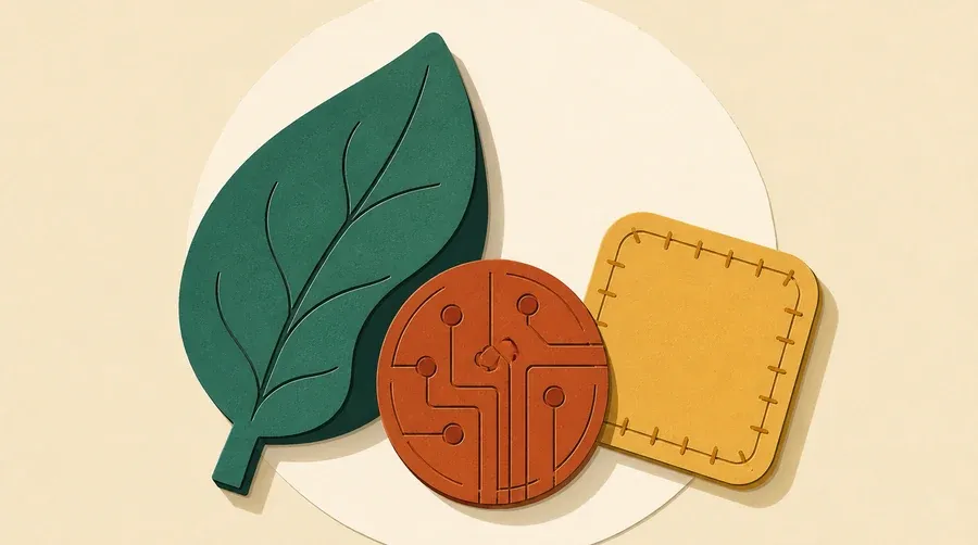 Une feuille vert sauge, une perle terre cuite et un patch ocre.
