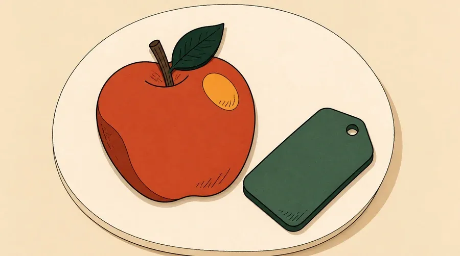 Une assiette crème porte une pomme terre cuite et une étiquette vert sauge.