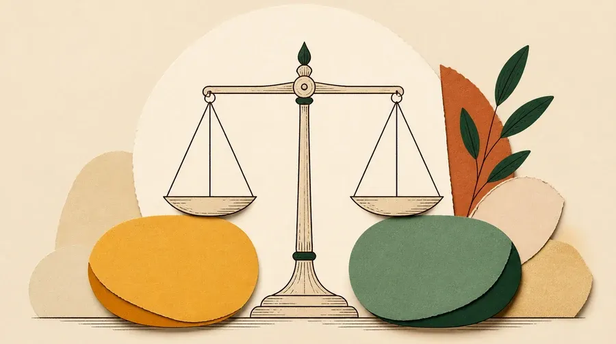 Une balance encre sombre entre deux pierres ocre et vert sauge.