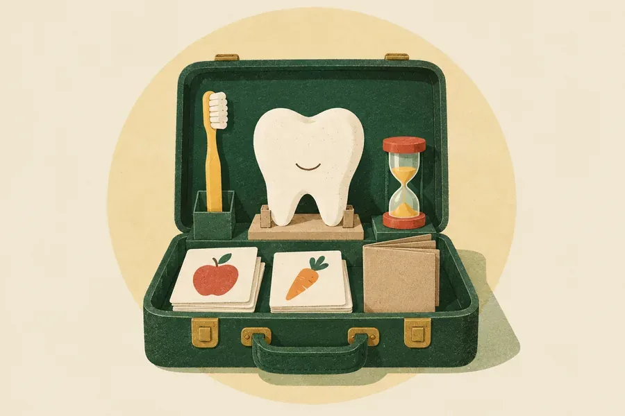 Mallette pédagogique ouverte sur l’hygiène bucco-dentaire avec une dent en papier, une brosse à dents, un sablier et des cartes d’aliments