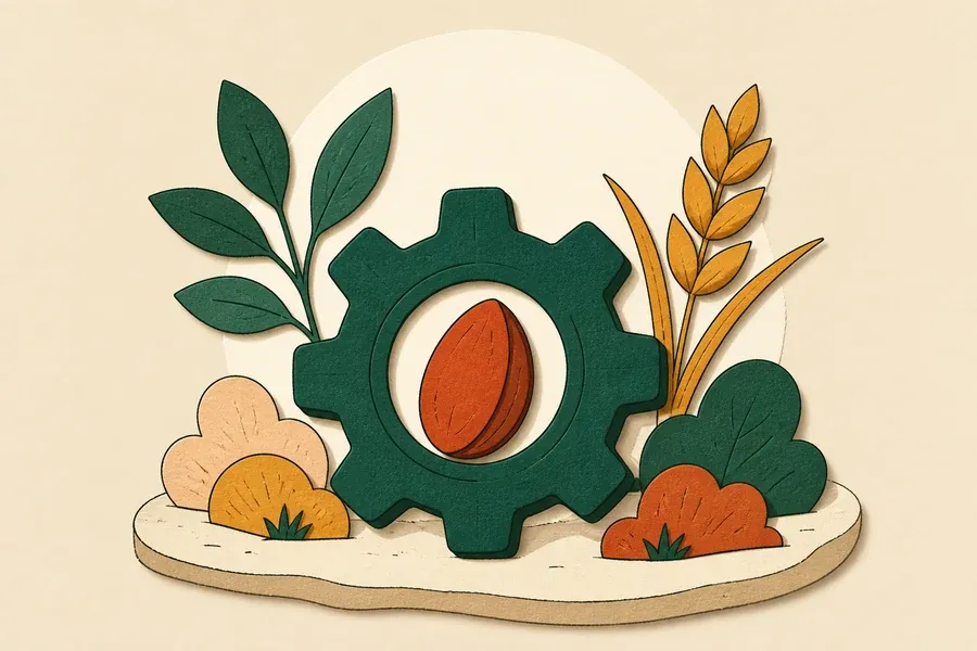 Îlot crème, engrenage vert forêt et graine terre cuite centrés.