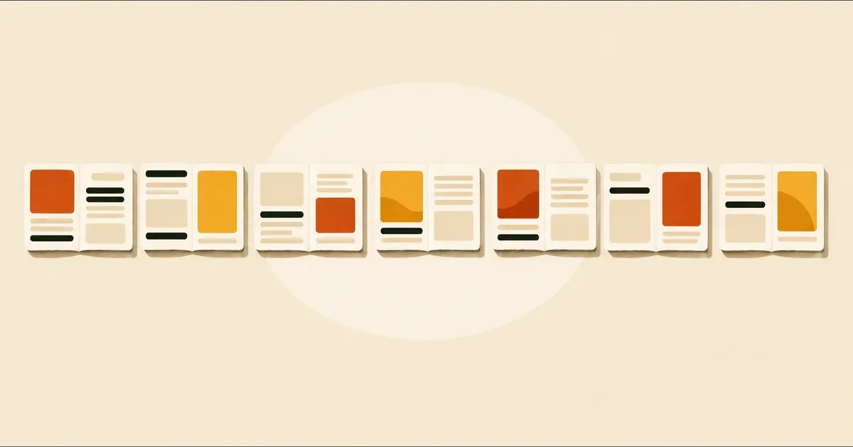 Livres ouverts crème aux blocs ocre, terre cuite et traits noirs alignés