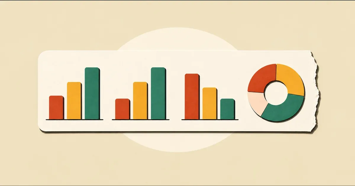 Tableau crème avec graphiques colorés en barres et diagramme circulaire ajouré