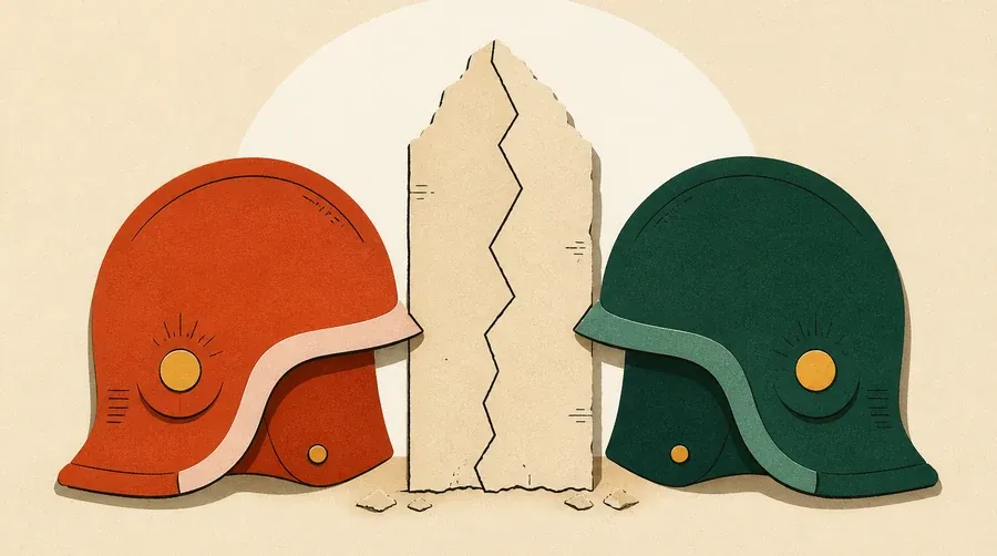 Deux casques identiques, terre cuite et vert forêt, séparés par une fissure sable.