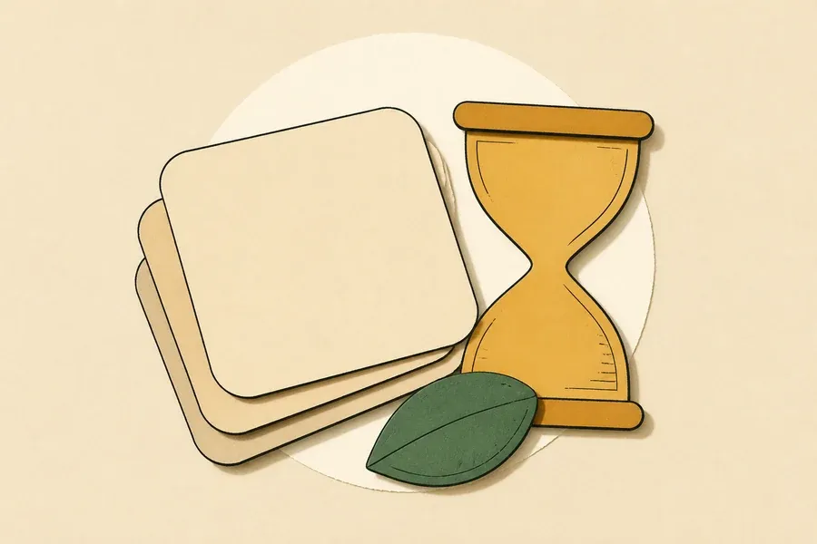 Des cartes sable empilées voisinent avec un sablier ocre et une graine sauge.