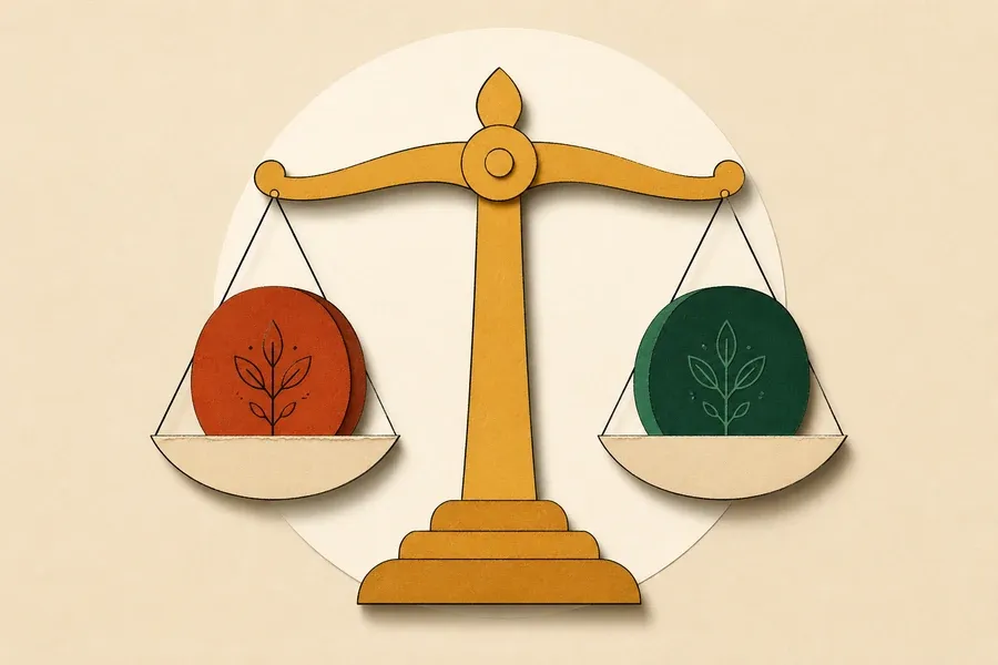 Une balance ocre porte deux jetons égaux, terre cuite et vert forêt.