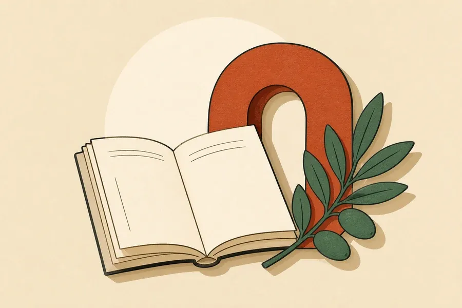 Livre crème, arche terre cuite et rameau vert sauge sur fond sable.