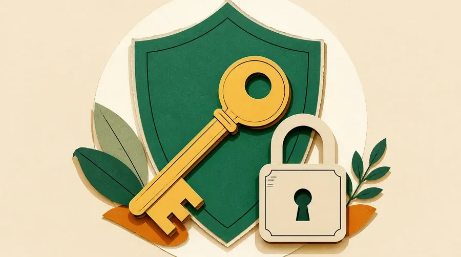 Un cadenas encre sombre, une clé ocre et un bouclier vert sauge