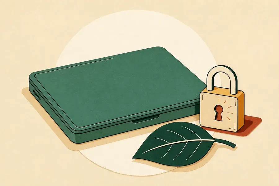 Ordinateur fermé vert sauge, cadenas encre sombre et feuille vert forêt centrés.