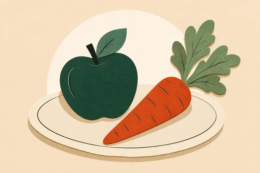 Une assiette crème accueille une pomme vert forêt et une carotte terre cuite.