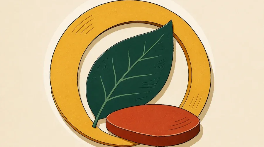 Anneau ocre, feuille vert forêt et pierre terre cuite sur fond crème.