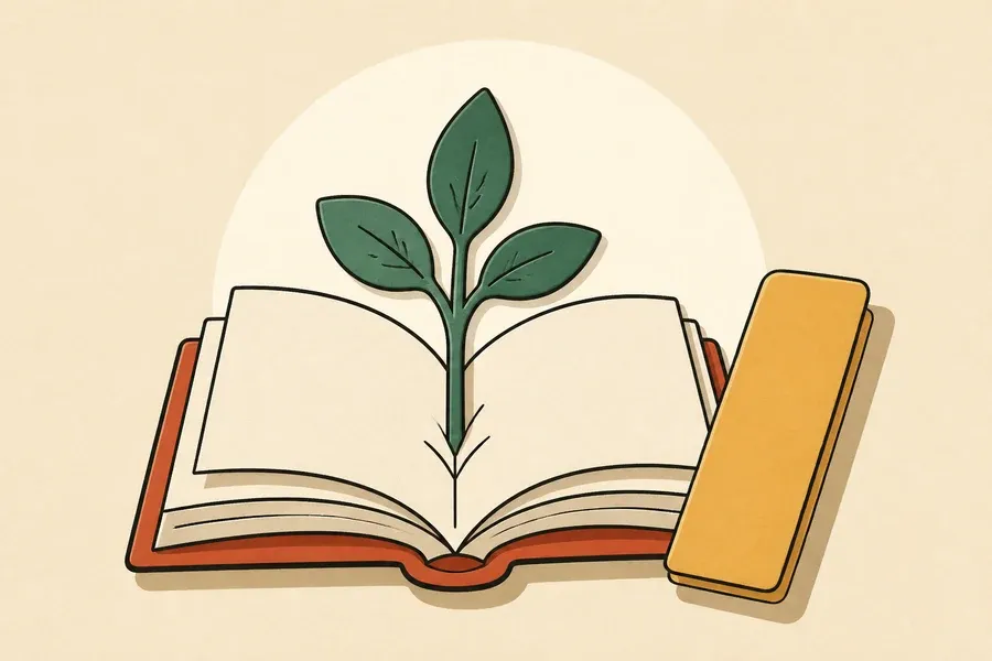 Livre crème, pousse vert sauge et bande ocre sans marques.