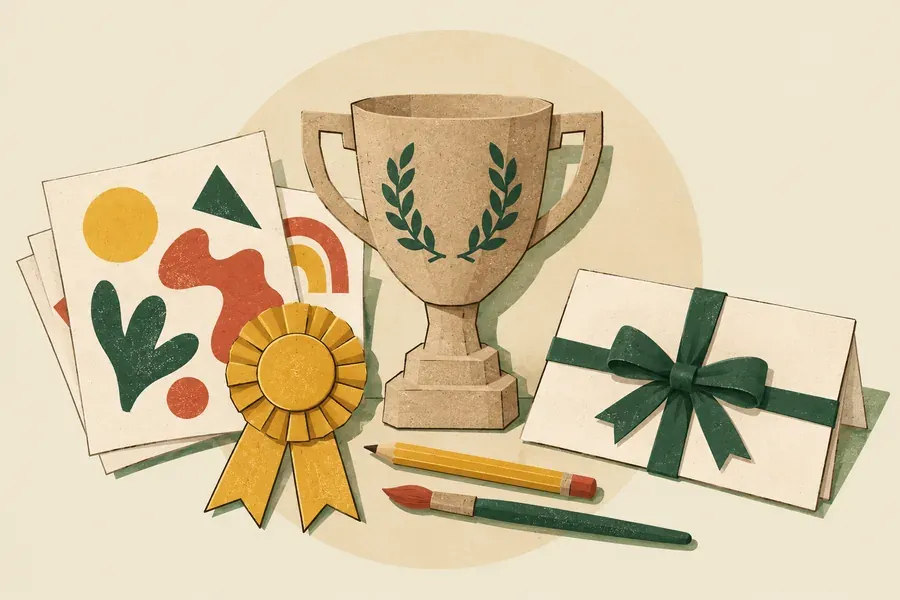 Illustration en papier découpé : trophée, rosette, dessins d’élèves et crayons autour d’un concours scolaire