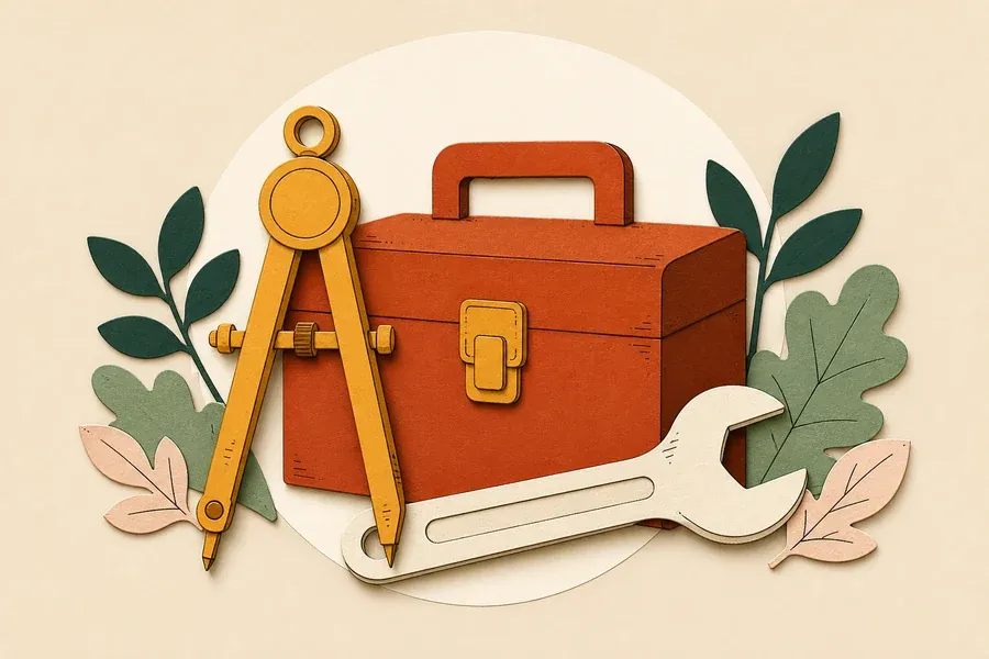 Une boussole ocre accompagne une boîte à outils terre cuite et une clé crème.