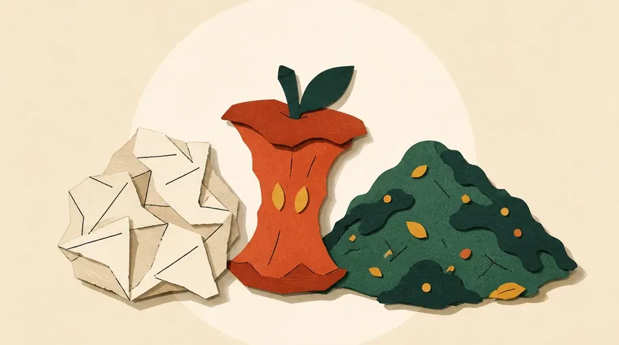Un papier crème froissé, un trognon terre cuite et un monticule vert sauge.