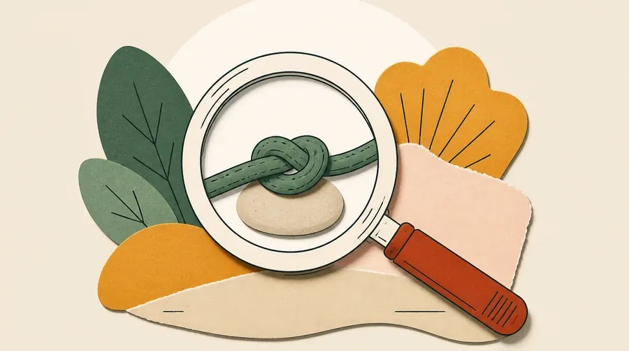 Une loupe crème observe un galet sable et un nœud vert sauge.