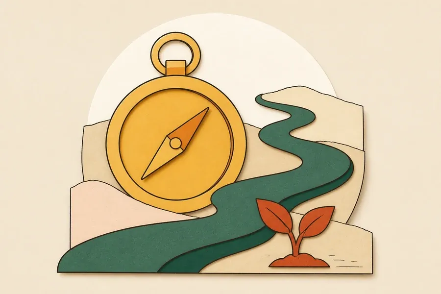 Une boussole ocre accompagne un chemin vert sauge et une pousse terre cuite.