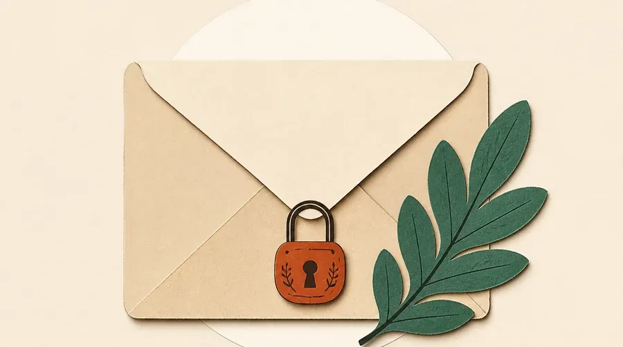 Une enveloppe sable, un cadenas encre sombre et une feuille sauge.