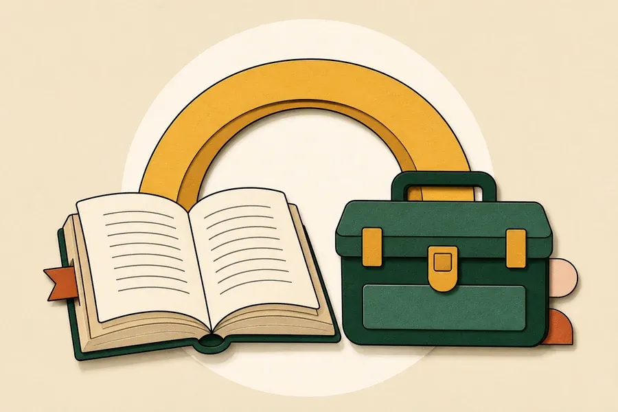 Livre crème et boîte à outils vert forêt reliés par une arche ocre.