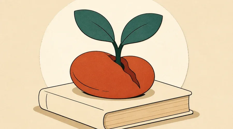 Un livre crème fermé, un cocon terre cuite et une pousse vert forêt.