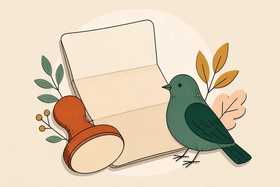 Papier sable, tampon terracotta et oiseau vert sauge groupés au centre.