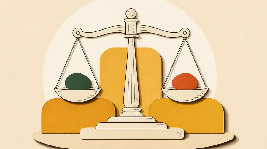 Balance en encre sombre, galets verts et terre cuite sur socle ocre.