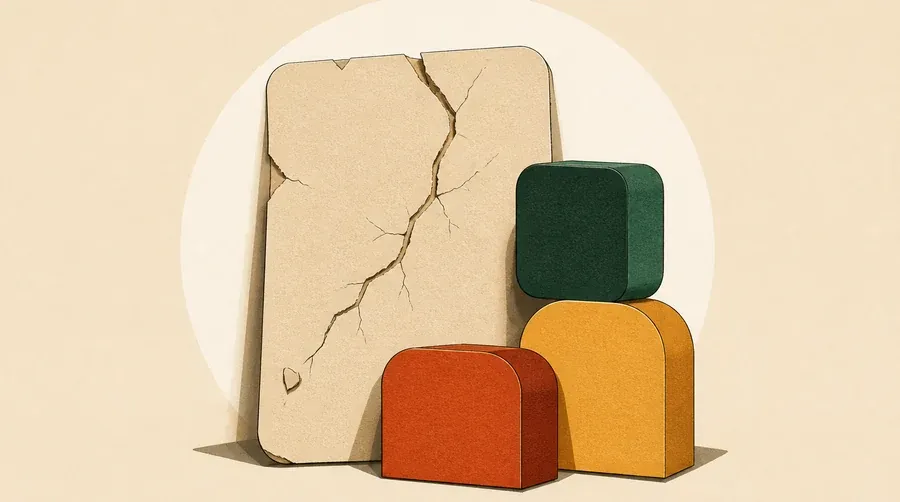 Une carte sable fissurée repose près de trois blocs terre cuite.