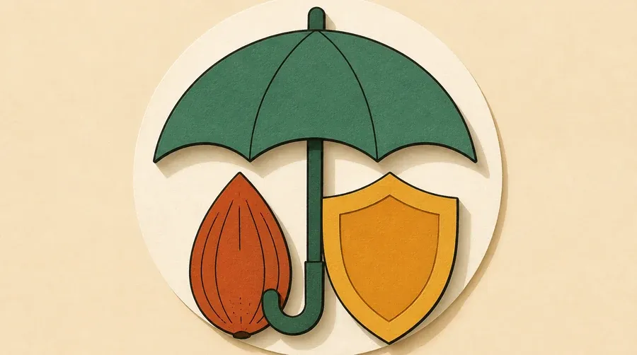 Parapluie vert sauge abritant une graine terre cuite et un bouclier ocre.