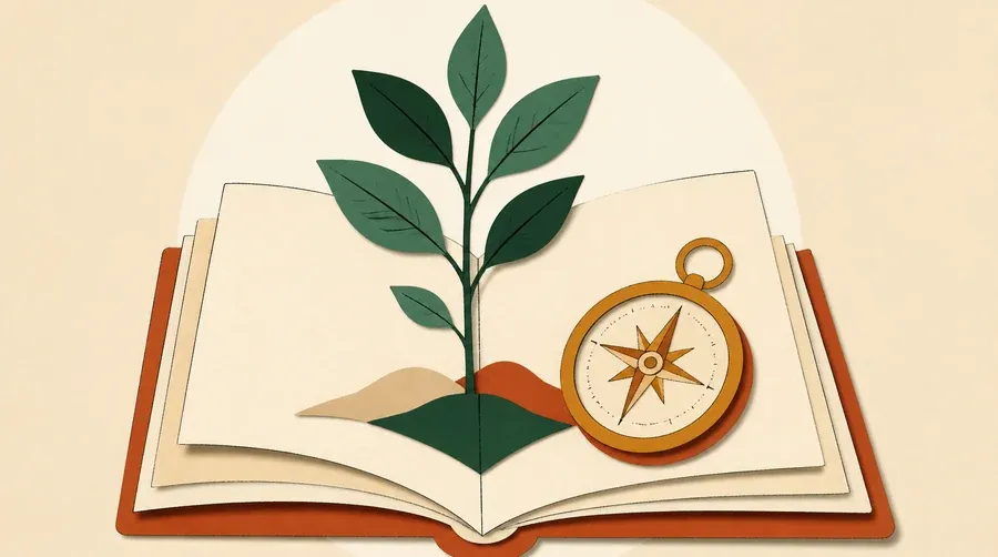 Livre crème, jeune arbre vert forêt et compas ocre posés ensemble.
