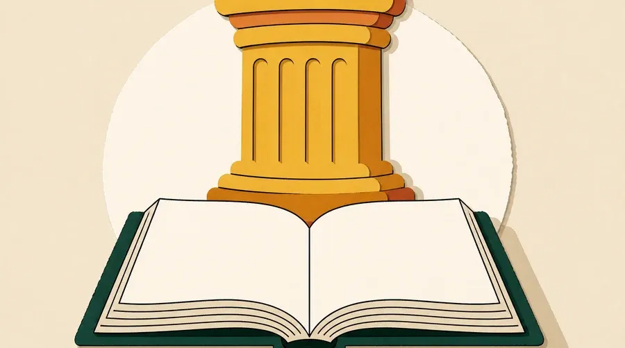 Une colonne ocre soutient un livre crème ouvert à couverture vert forêt.