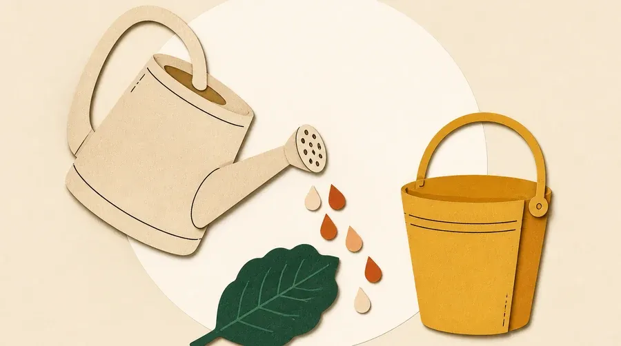 Un arrosoir sable penché manque une feuille vert forêt près d’un seau ocre.