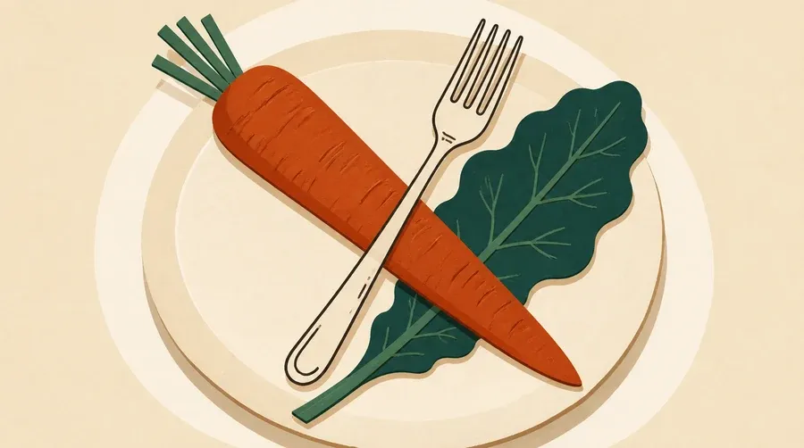 Assiette crème avec carotte terre cuite, feuille vert forêt et fourche encre sombre.