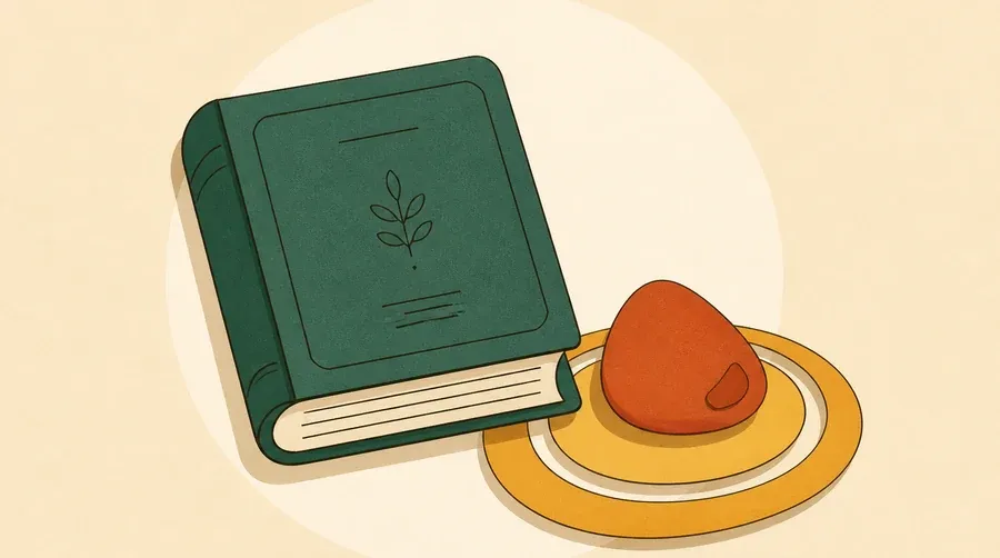 Un livre vert sauge côtoie un galet terre cuite entouré d’anneaux ocre.