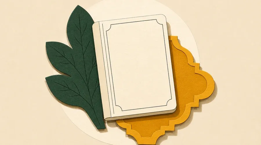 Livre crème, feuille vert forêt et tuile ocre superposés au centre.