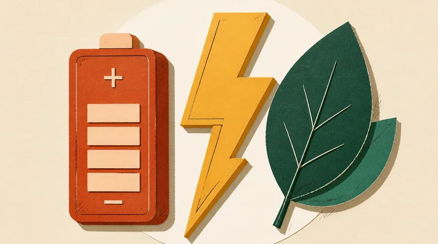 Un éclair ocre sépare une batterie terre cuite et une feuille verte.