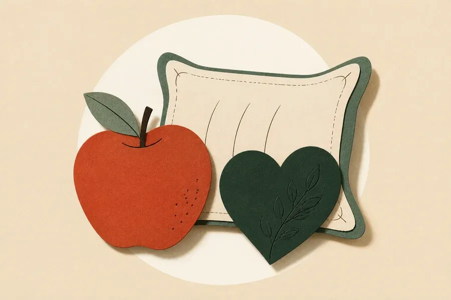 Une pomme terre cuite, un oreiller crème et un cœur vert forêt.