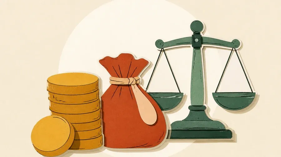 Des jetons ocres, une bourse terre cuite et une balance sauge.