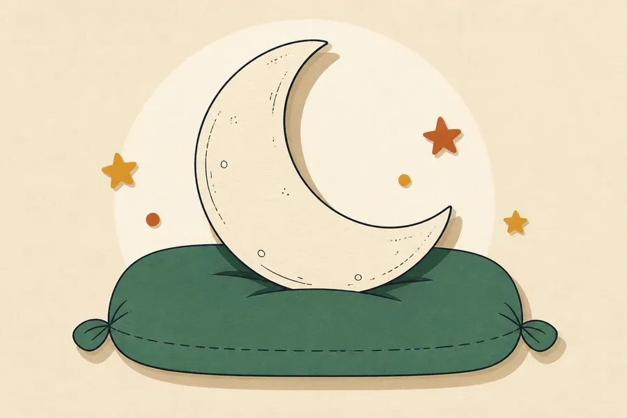 Un croissant crème flotte au-dessus d’un coussin vert sauge.