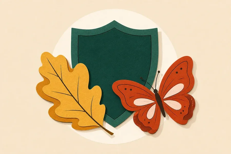 Un bouclier vert forêt, une feuille ocre et un papillon terre cuite.