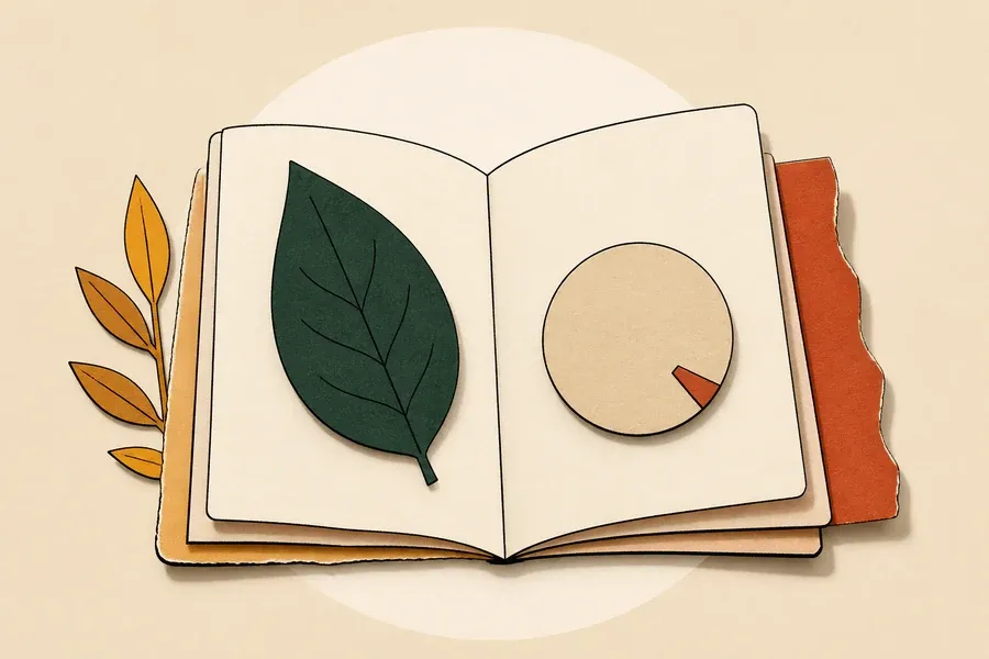 Un livret crème ouvert porte une feuille vert forêt.