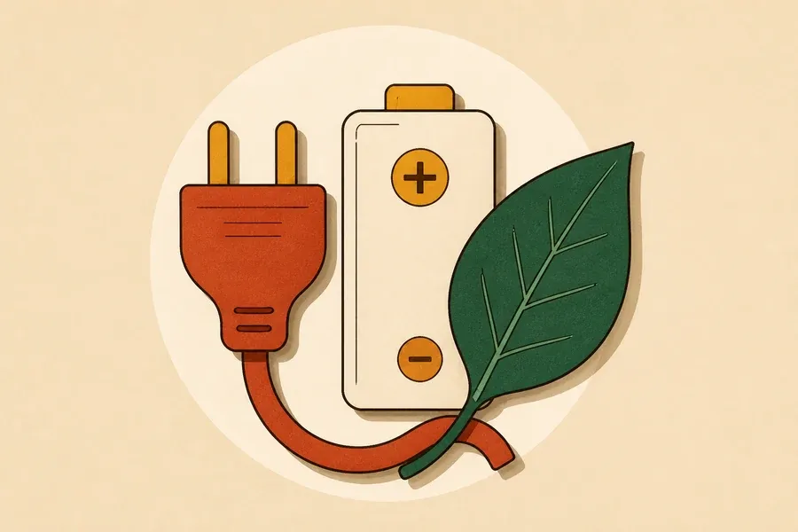 Une prise terre cuite, une batterie crème et une feuille vert forêt.