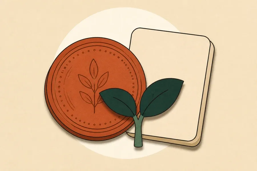 Une pièce terre cuite, une pousse verte et un carnet crème sans marques.