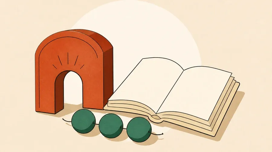 Un bloc terre cuite, un livre crème et trois perles vert sauge.