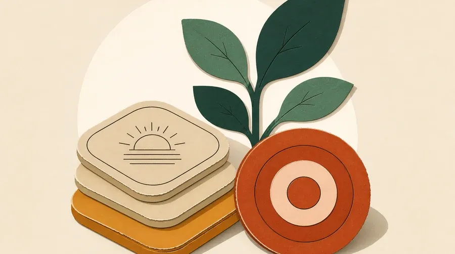 Des tuiles sable, une pousse verte et une cible terre cuite.