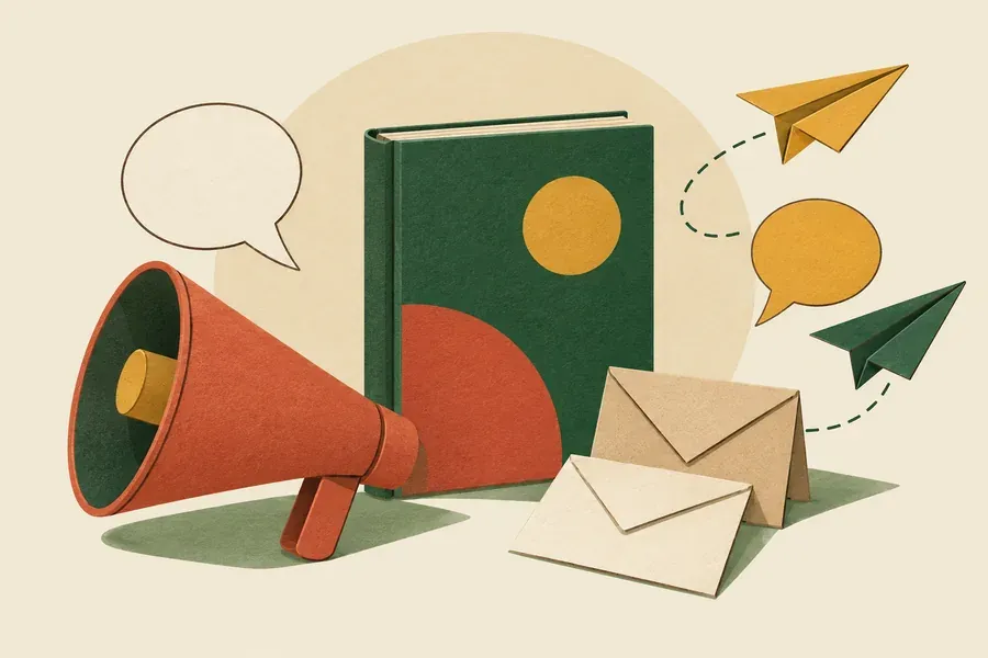 Livre jeunesse entouré d’un mégaphone, d’enveloppes, de bulles et d’avions en papier